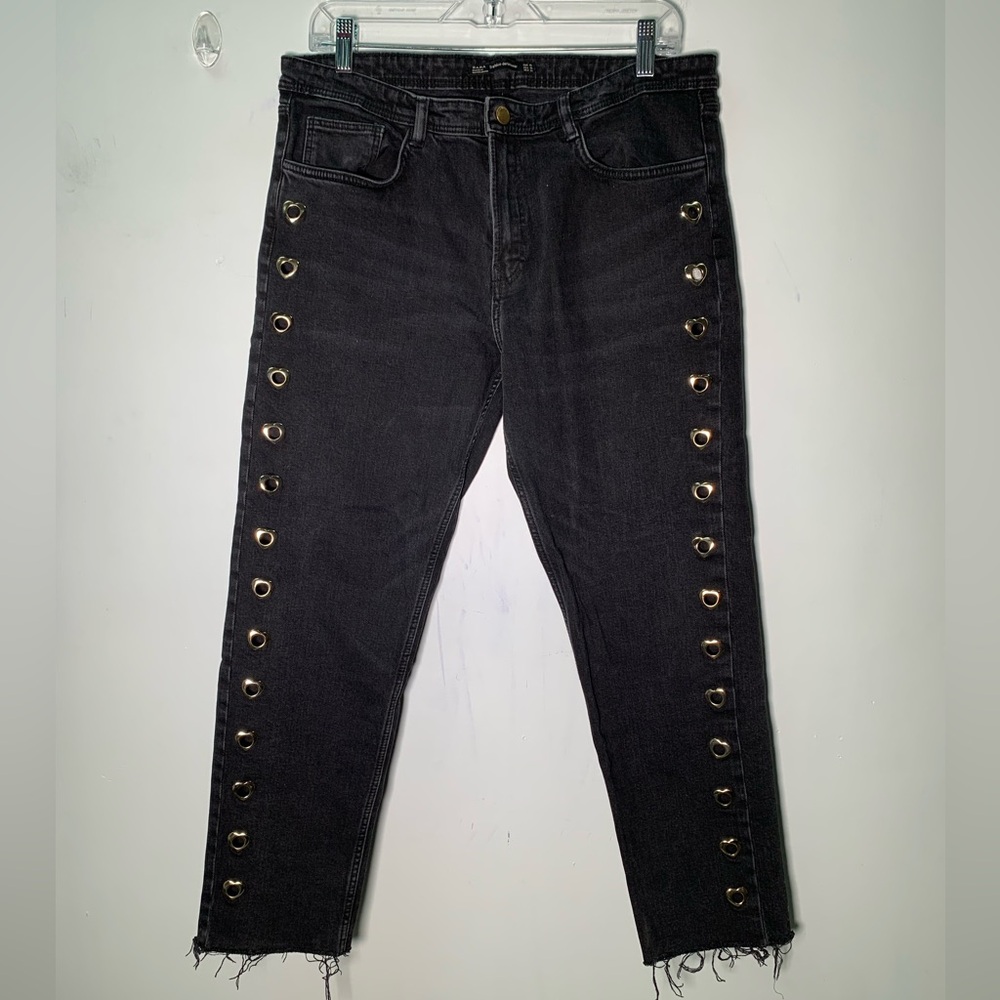 ZARA K BLACK JEANS WITH HEARTS ON THE SIZE SIZE 10 raw hem skinny - Picture 2 of 14